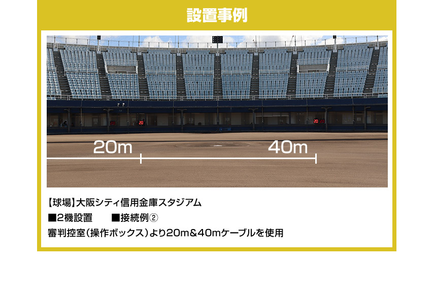 設置事例 【球場】大阪シティ信用金庫スタジアム ■2機設置　　■接続例② 審判控室（操作ボックス）より20m＆40mケーブルを使用